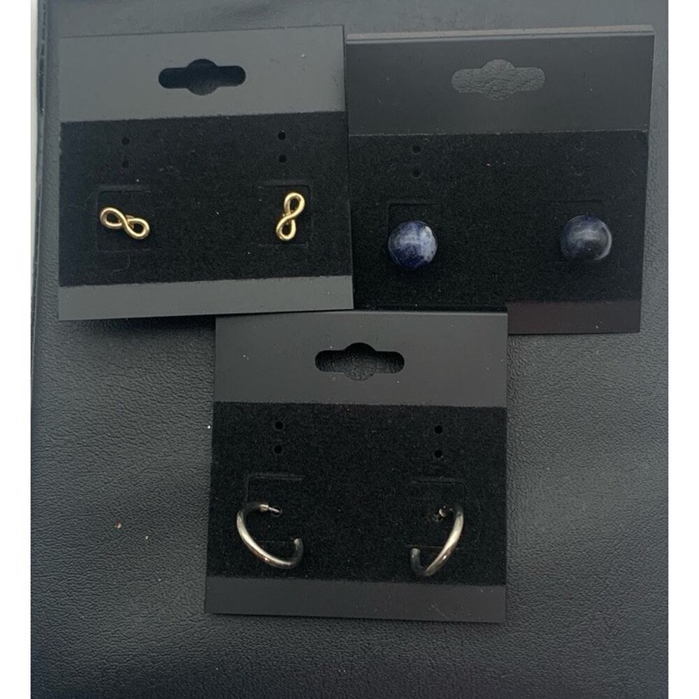 Lot Of 3 Pairs‎ Of Dainty Earrings Gold Tone, Silver Tone Hoops, & Blue Enamel